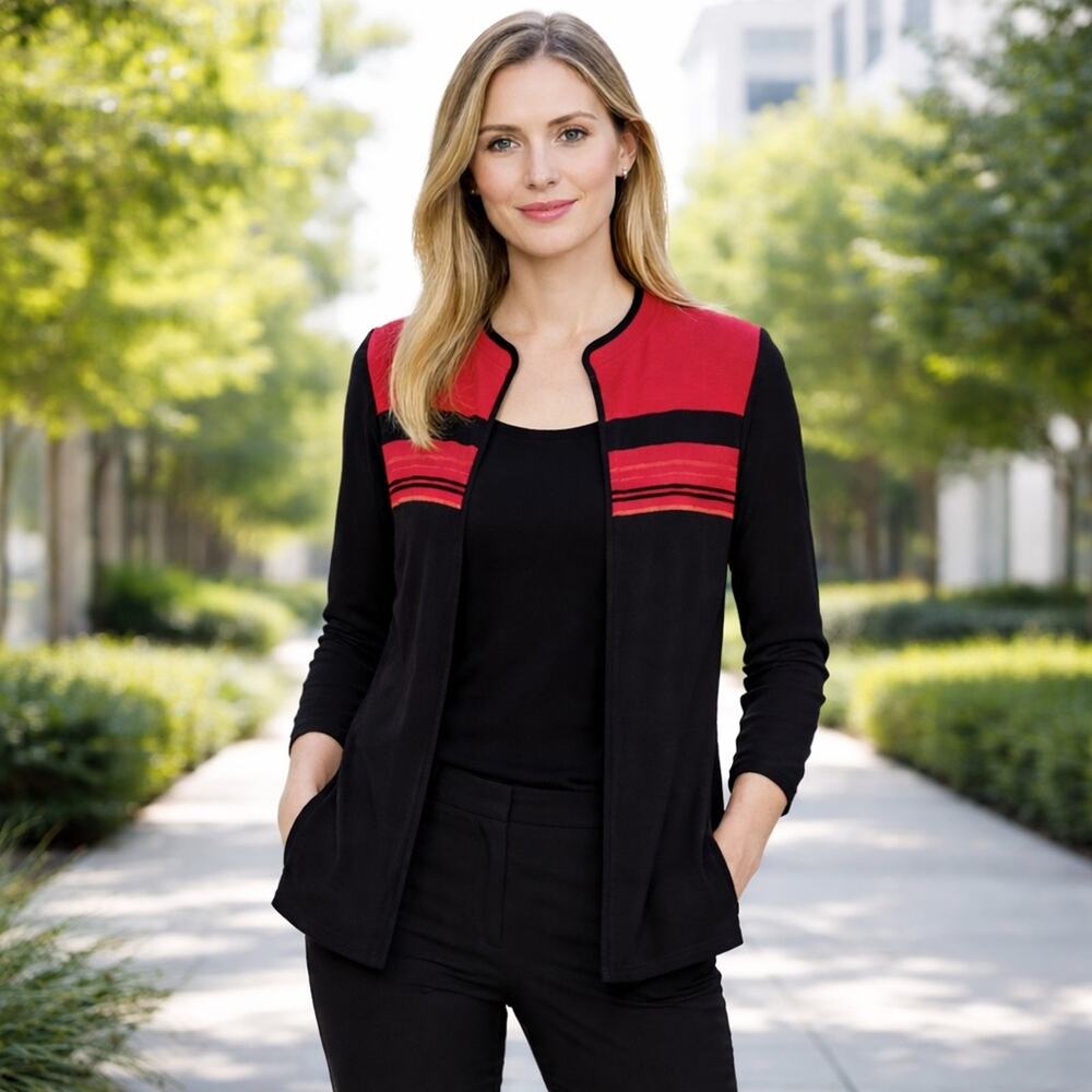 Exclusively Misook Raspberry Red Black Striped Open Cardigan Jacket Size M Korea - Picture 7 of 7